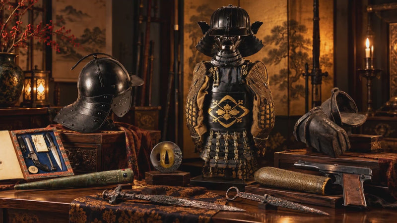 Relic And Rarity banner featuring antique arms and armour, including samurai armour and historic weapons, displayed in a dramatic collector’s gallery setting.