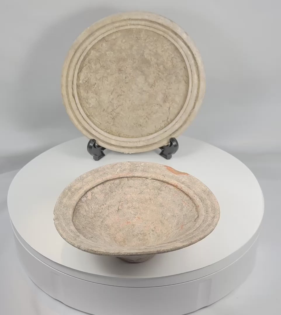 Ancient Roman North African terracotta Kassérine bowls from modern Tunisia shown in a rotating 360-degree view, highlighting their white slip surfaces, concentric molded rims, archaeological patina, and utilitarian forms dating to the 2nd–3rd Century CE. 