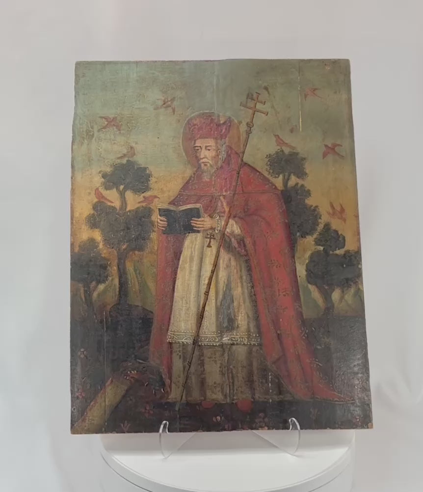 360 degree view of a Spanish Colonial Mexican retablo devotional panel depicting a robed ecclesiastical figure holding a patriarchal cross.