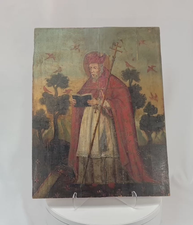 360 degree view of a Spanish Colonial Mexican retablo devotional panel depicting a robed ecclesiastical figure holding a patriarchal cross.