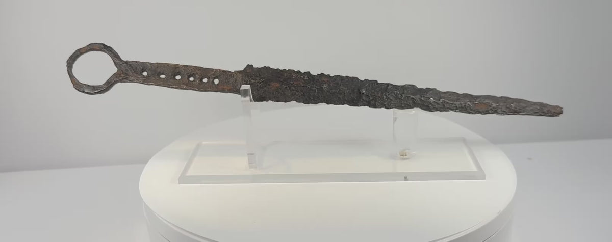 Video showing multiple angles of a 14th-century medieval European quillon dagger with tapered steel blade, iron crossguard, ring pommel and aged patina