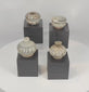 Rotating view of four authentic Sawankhalok glazed stoneware vessels from the Sukhothai Period of Thailand, highlighting their miniature forms, underglaze iron-black decoration, transparent glaze, custom display stands, and centuries-old ceramic craftsmanship.