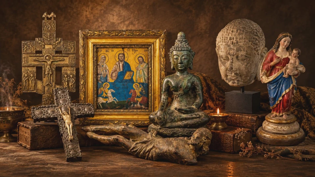 Religious and spiritual relics including Christian icons, crucifixes, Buddhist sculptures, devotional crosses and sacred artifacts from the Relic & Rarity collection.
