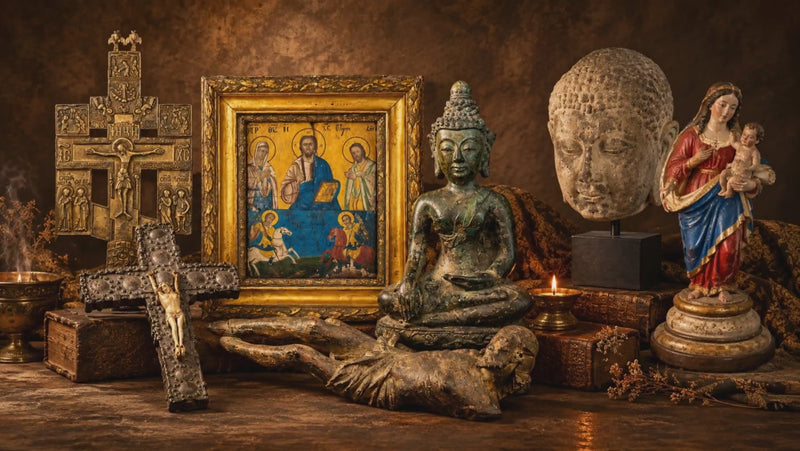 Religious and spiritual relics including Christian icons, crucifixes, Buddhist sculptures, devotional crosses and sacred artifacts from the Relic & Rarity collection.