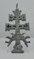 360-degree rotating view of an antique Spanish Caravaca bronze crucifix pendant, attributed to the 17th century. Features a double-barred cross with the crucified Christ, two winged angels, intricate religious imagery on both sides, traces of historic silvering, and a richly aged green and brown patina.