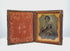360-degree rotating view of an original mid-19th-century American cased portrait photograph, circa 1850–1865 CE, depicting an elegantly dressed Victorian woman. Features an ornate embossed case with gilt accents, decorative red velvet lining, and scalloped gilt-metal photographic mat. Formerly part of the Joseph W. Haley estate in Massachusetts and associated with the historic Sears family photographic collection.