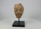 Gupta-period Northern Indian terracotta head fragment with serene almond-shaped eyes, arched brows, and softly smiling lips, warm earthen tones with mineral deposits, 3rd–5th century CE, mounted on modern display stand for preservation.