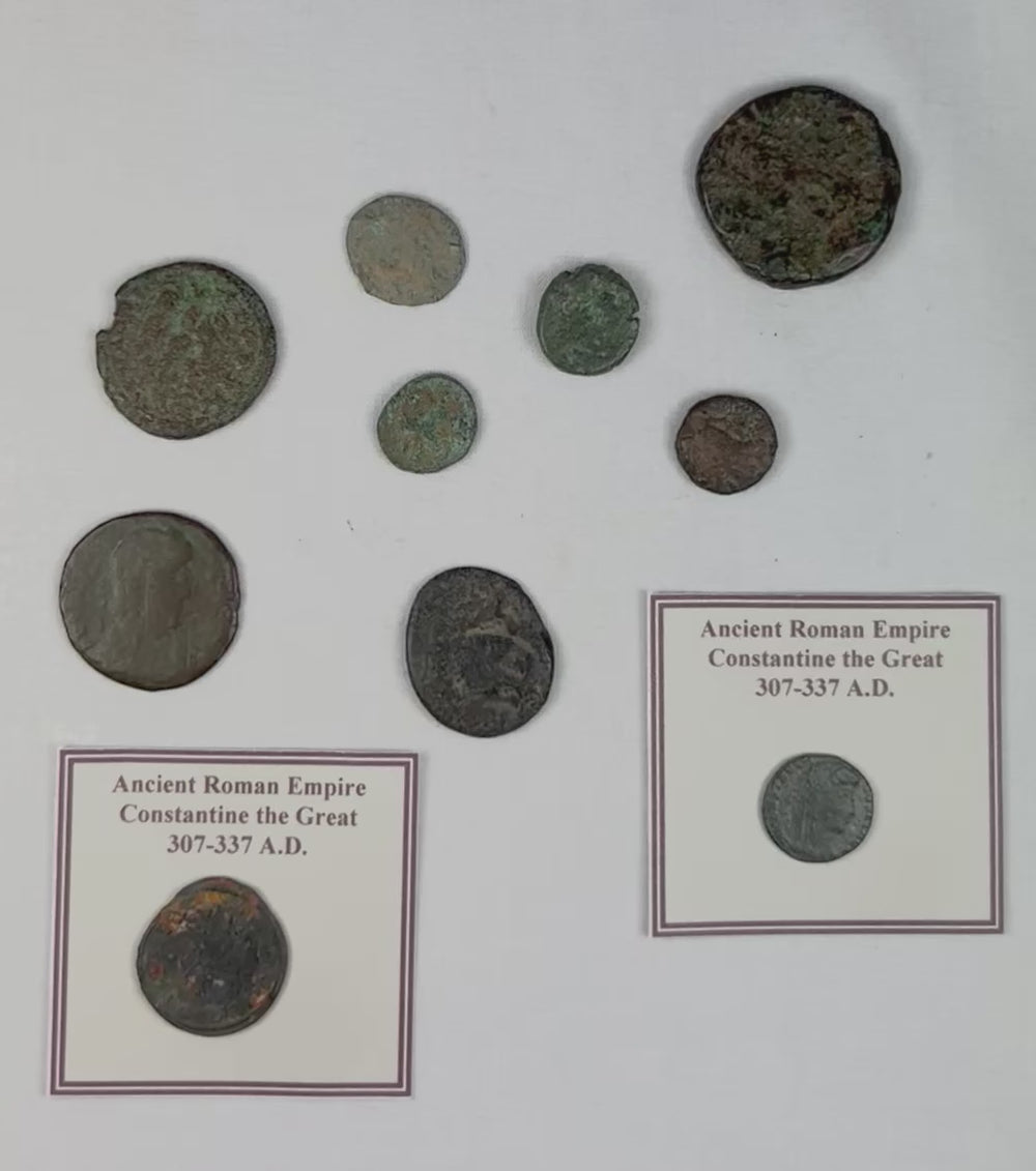 Rotating video displaying reverse scenes and symbolic imagery on Constantine coins