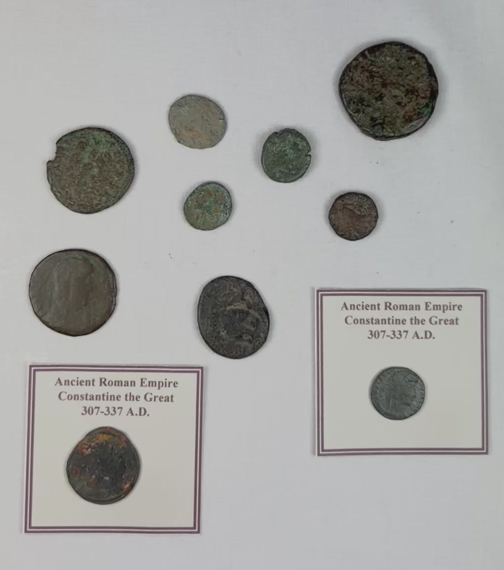 Rotating video displaying reverse scenes and symbolic imagery on Constantine coins