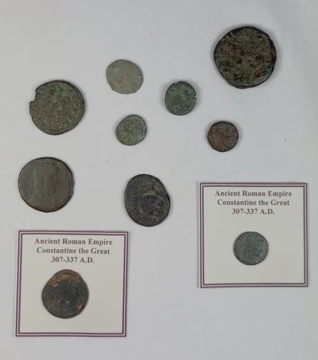 Rotating video displaying reverse scenes and symbolic imagery on Constantine coins