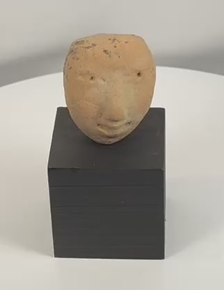 Rotating view of a Pre-Columbian terracotta human head fragment with stylized facial features, perforated eyes, pronounced nose, archaeological weathering, and custom display stand.