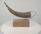 Rotating 360-degree view of an antique Tibetan carved ritual horn, showing its curved form, makara tip, decorative carvings, and aged patina.