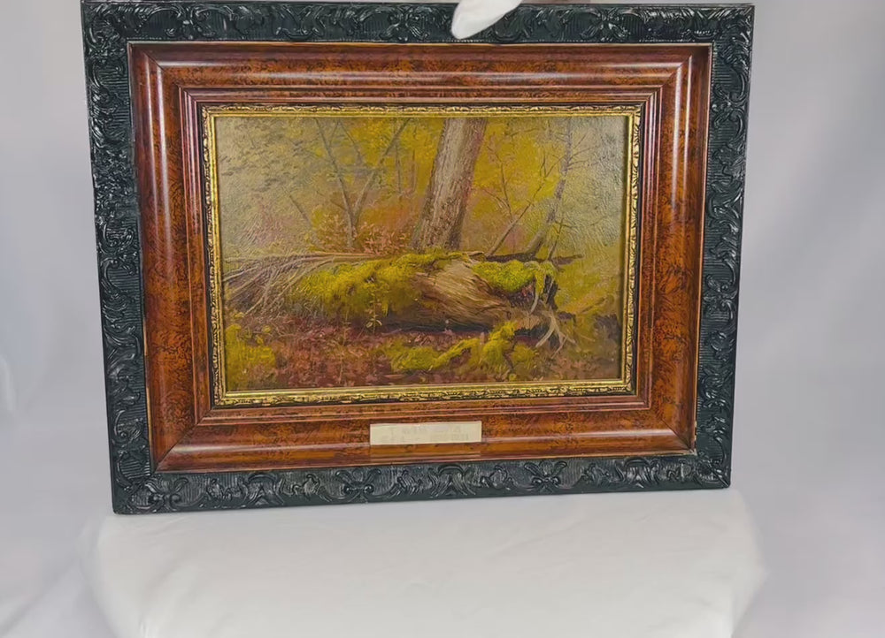 Oil on panel painting titled “Overturned Tree Root,” attributed to Thomas Mower Martin (1838–1934), Canada, late 19th–early 20th century. Depicts a twisted tree root with detailed textures, earthy tones, and interplay of light and shadow. Ex-Robert McLaughlin Gallery, reflecting Martin’s naturalistic style and Canadian landscape tradition.