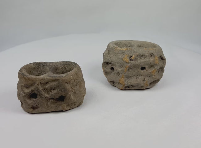 Ancient Teotihuacan ceramic candelero vessel with two circular openings