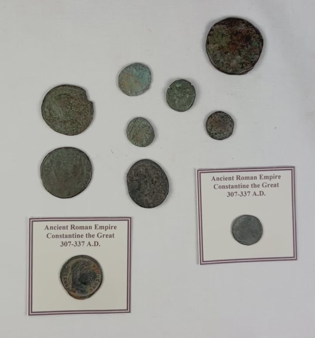 Rotating view of Ancient Roman coins showing Constantine the Great portrait side