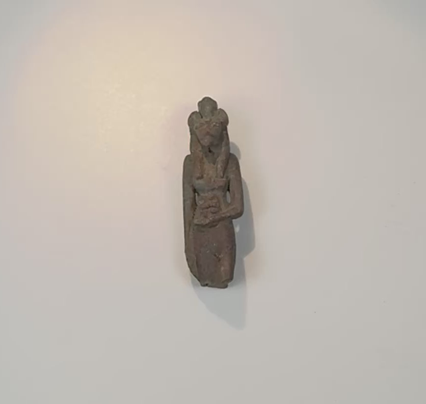 Video showing multiple views, the open suspension loop, possible wadjet-eye emblem and burial patina of an ancient Egyptian Sekhmet or Bastet faience amulet
