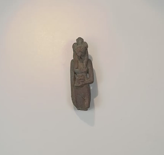 Video showing multiple views, the open suspension loop, possible wadjet-eye emblem and burial patina of an ancient Egyptian Sekhmet or Bastet faience amulet