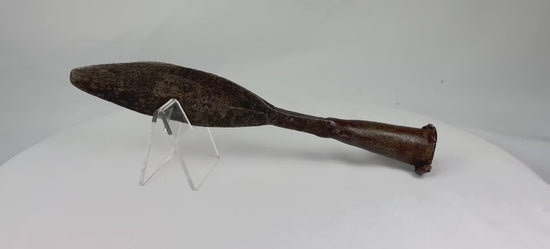 Antique European iron socketed spearhead, 18th century or earlier, featuring a double-edged leaf-shaped blade and rolled socket base. The piece shows natural patina and age-related wear, reflecting historic craftsmanship and its use in hunting, warfare, and ceremonial contexts.