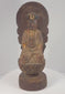 Antique Chinese Late Ming to Early Qing Guanyin statue rotating to show the meditating figure, lotus pedestal, gilt and red decoration, mandorla, rear construction and aged wooden base.