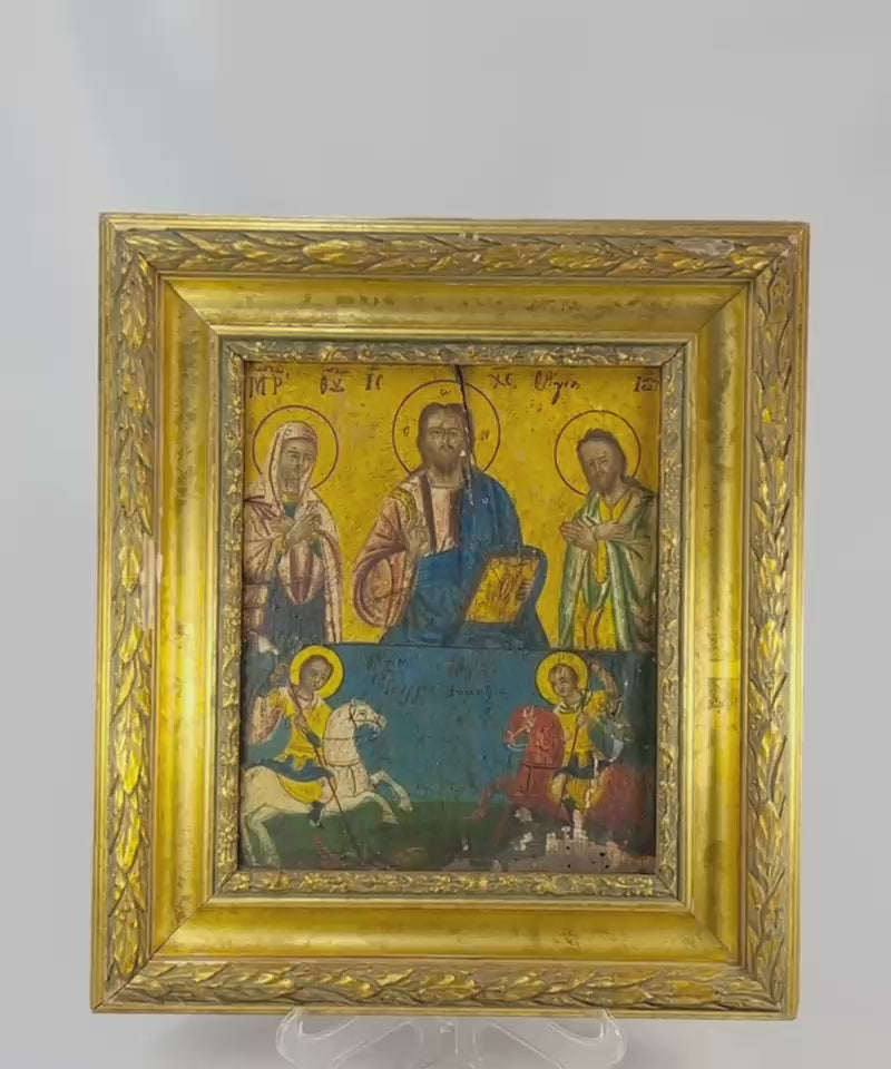 Rotating video of a Greek Orthodox hand-painted icon of Christ Pantocrator and saints