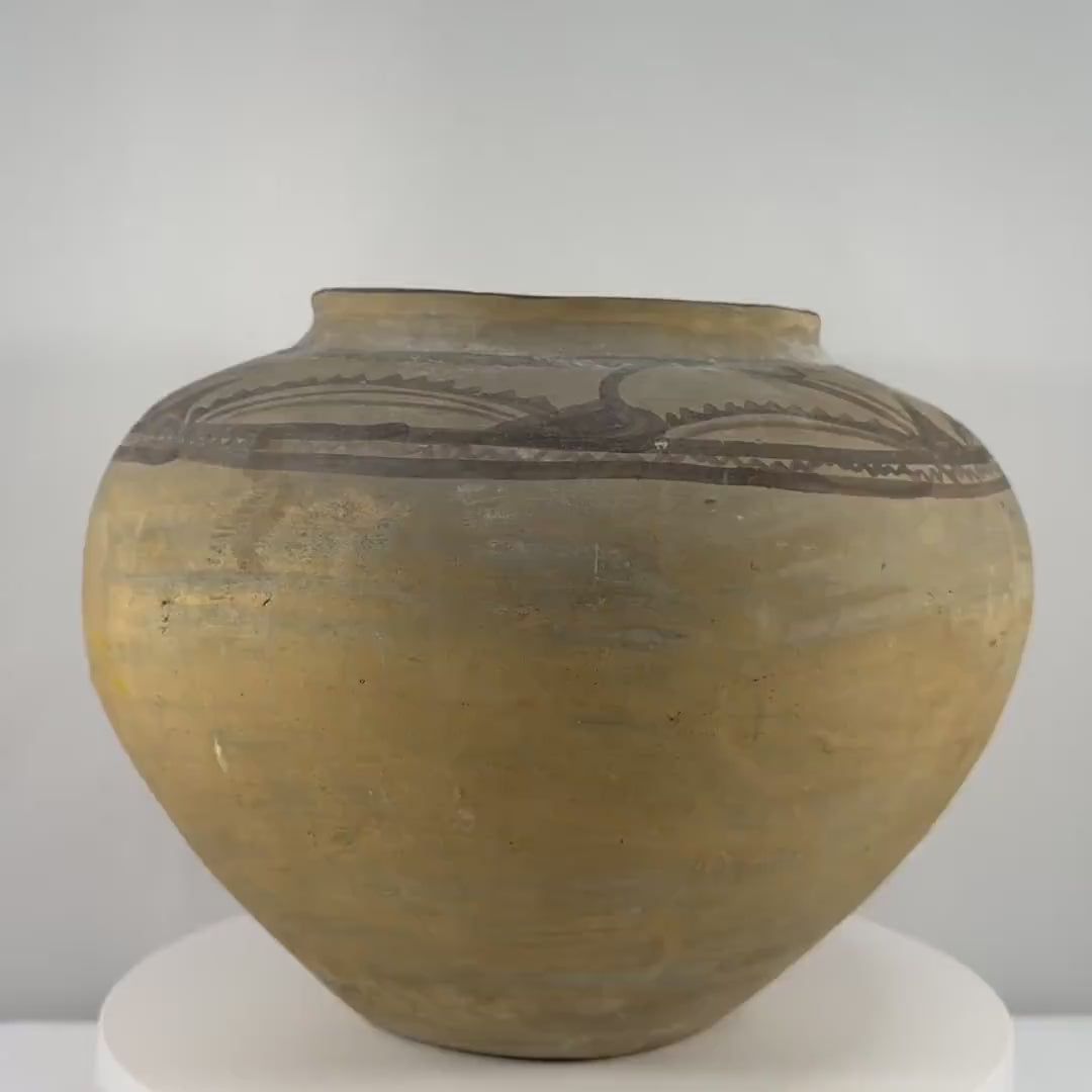 Antique Huastec terracotta water jar from Hidalgo, Mexico, dating to circa 1900–1920, featuring a traditional rounded olla form, gently flared neck, wide opening, hand-painted floral and flowing geometric motifs in dark mineral pigment, natural earthen patina, and traditional Mexican pottery craftsmanship.