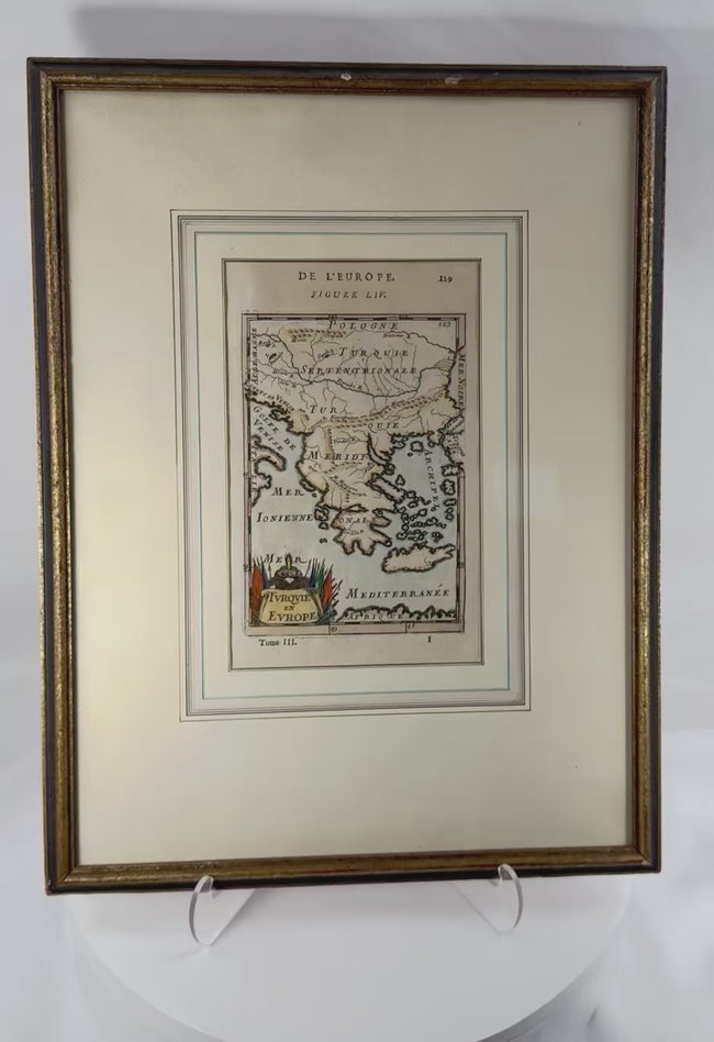 360-degree video of an original 1686 hand-colored copperplate engraved map of Ottoman Europe, showcasing its historic cartographic detail, vibrant hand coloring, professional framing, and documented provenance.