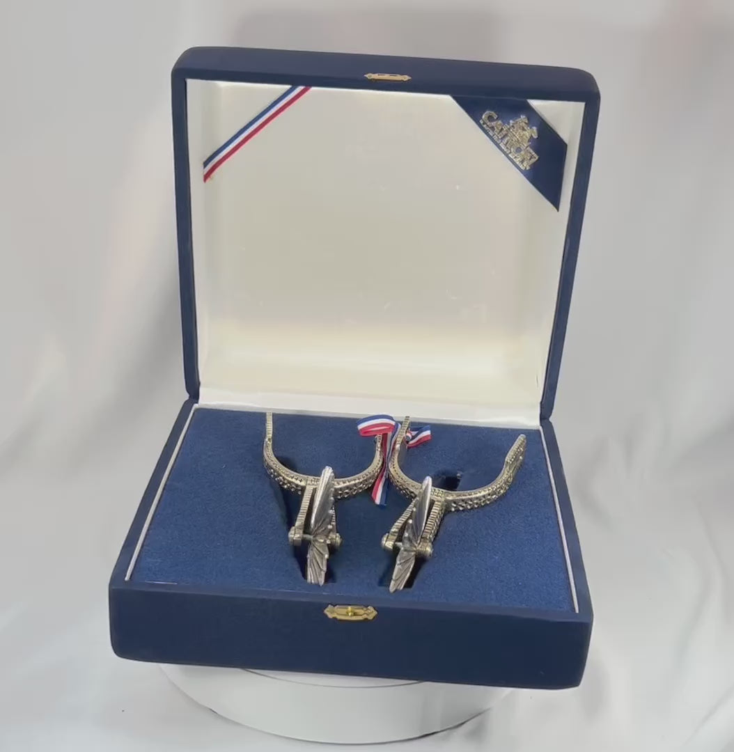 360° rotating view of Chilean huaso spurs with engraved nickel silver detail and large star rowels in presentation case