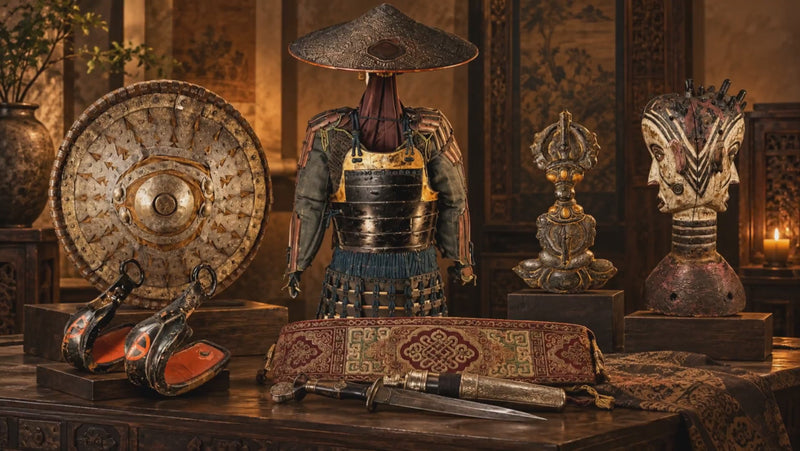 Cultural and ethnographic artifacts including samurai armor, ceremonial shields, ritual objects, masks, textiles and historic weapons from the Relic & Rarity collection.