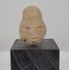 Ancient Pre-Columbian terracotta head fragment from West Mexico, circa 300 BCE–300 CE, featuring an elongated cranium, almond-shaped eyes, prominent lips, weathered clay surface, and custom black display stand.