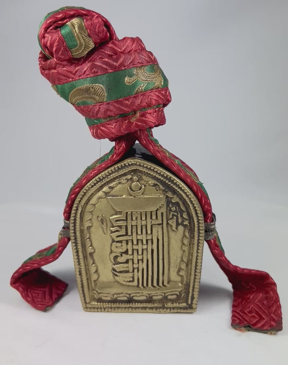 Antique Tibetan gau amulet box with repoussé brass script, Himalayan Buddhist shrine in embroidered pouch