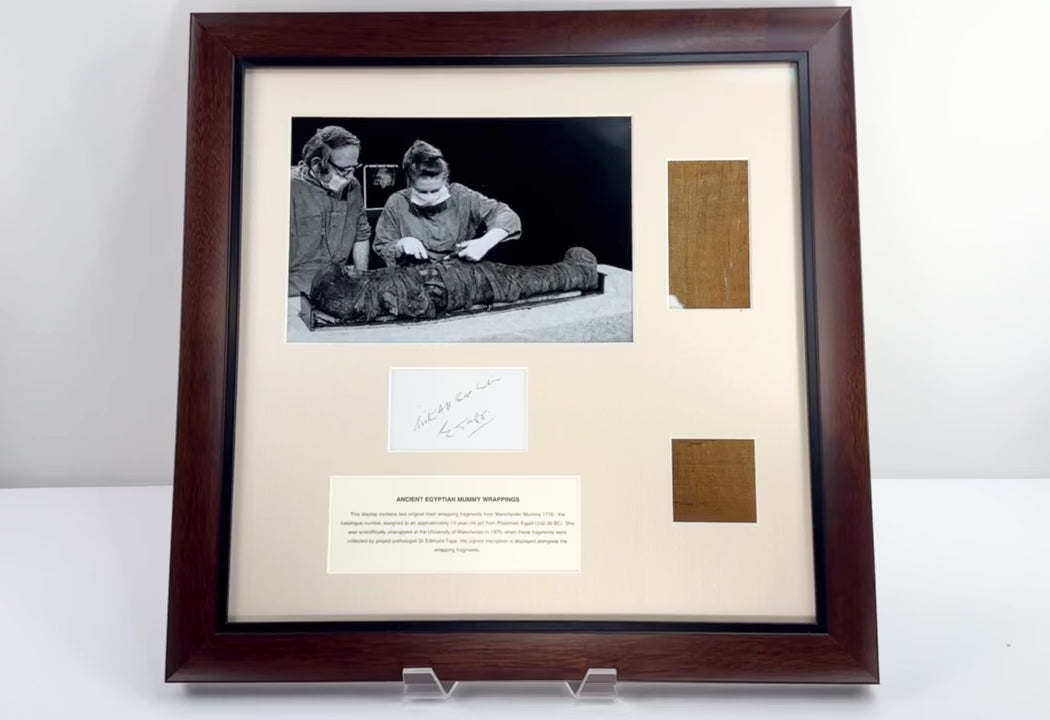 Video view of the framed linen fragments attributed to Manchester Mummy 1770, showing the investigation photograph, handwritten inscription and identification panel.