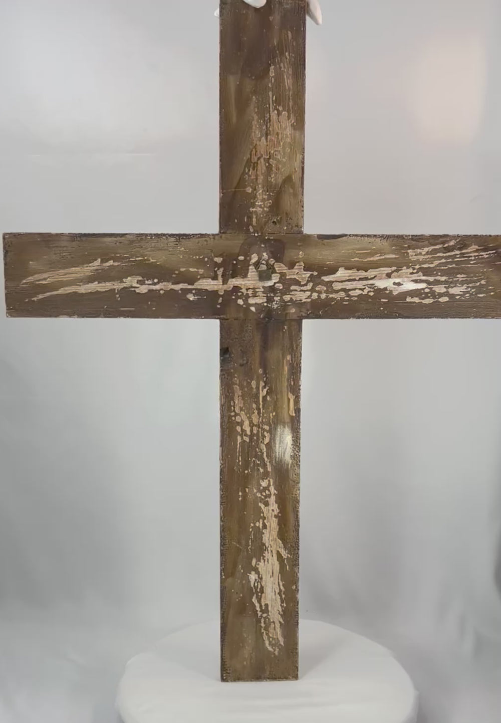 180-degree rotating view of an antique Spanish Colonial folk devotional crucifix with expressive carved Christ figure and aged patina.
