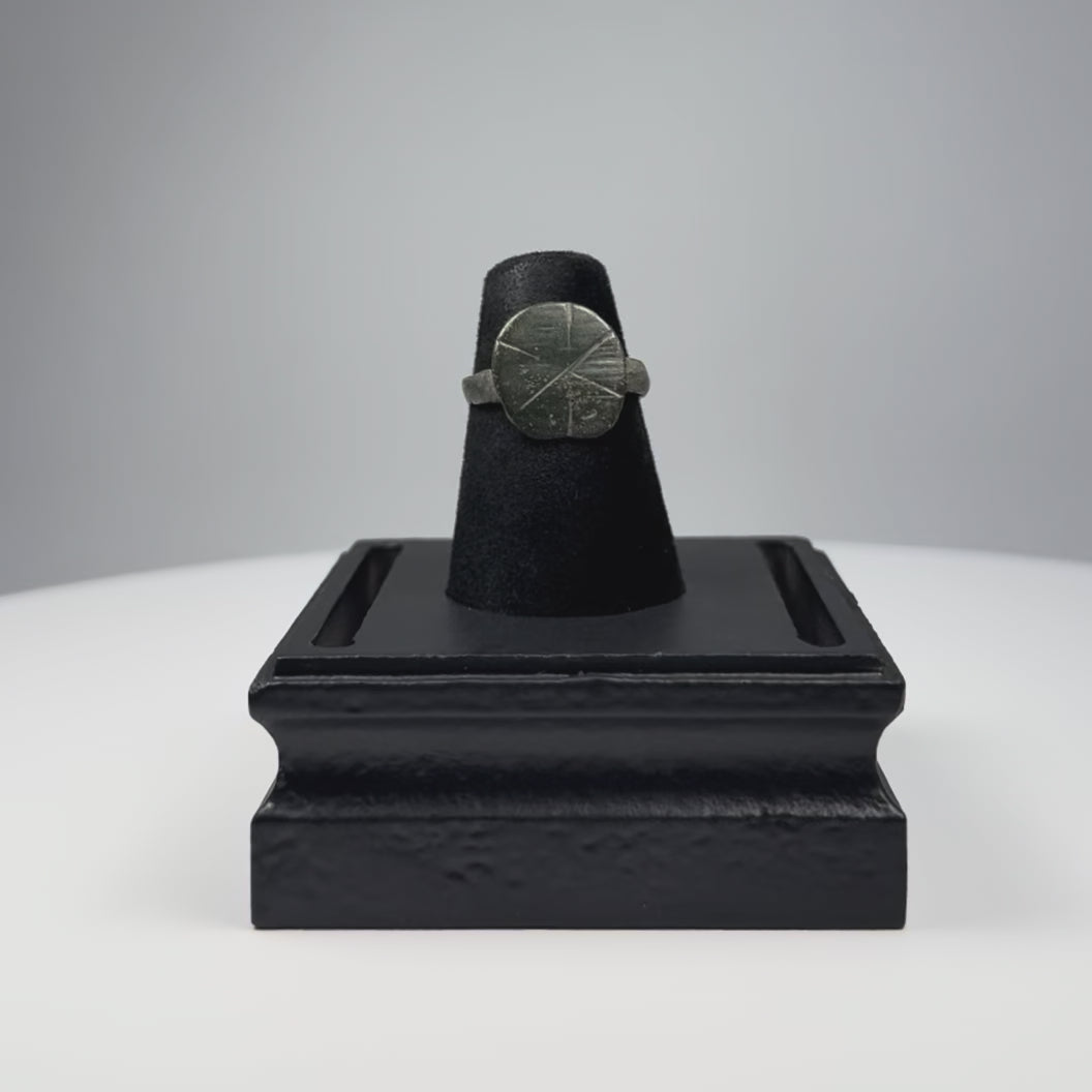 360-degree view of Late Roman–Early Byzantine bronze signet ring with incised cruciform geometric bezel, circa 4th–7th century CE