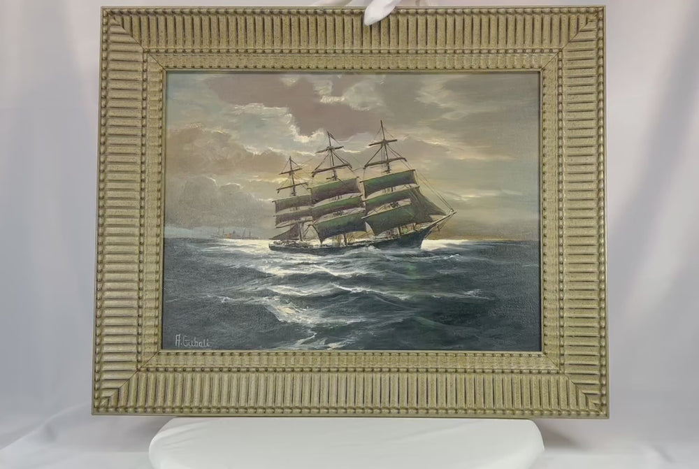 360-degree rotating view of Alfred Gabali’s 1958 painting ‘Ships That Pass In The Night,’ showcasing full artwork, frame details, surface condition, signature, and overall presentation from multiple angles