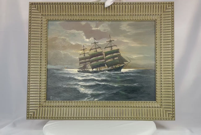 360-degree rotating view of Alfred Gabali’s 1958 painting ‘Ships That Pass In The Night,’ showcasing full artwork, frame details, surface condition, signature, and overall presentation from multiple angles