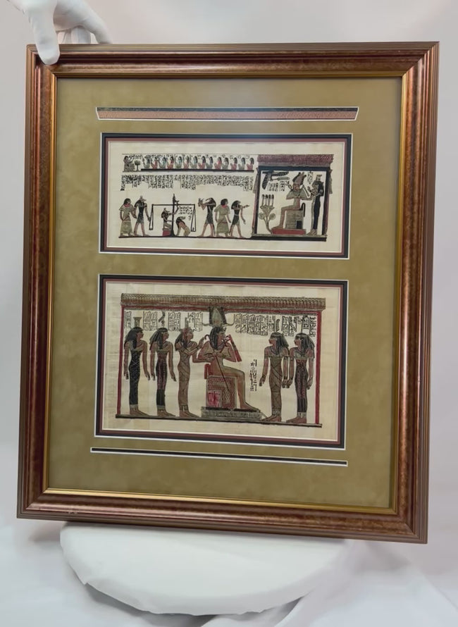Framed Ancient Egyptian papyrus depicting ritual and funerary scenes with deities and hieroglyphs