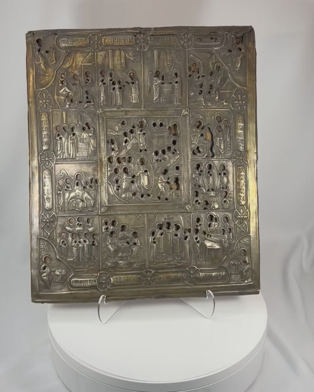 360° rotating view of a 19th century Russian Orthodox icon with embossed metal oklad and multi-scene religious composition