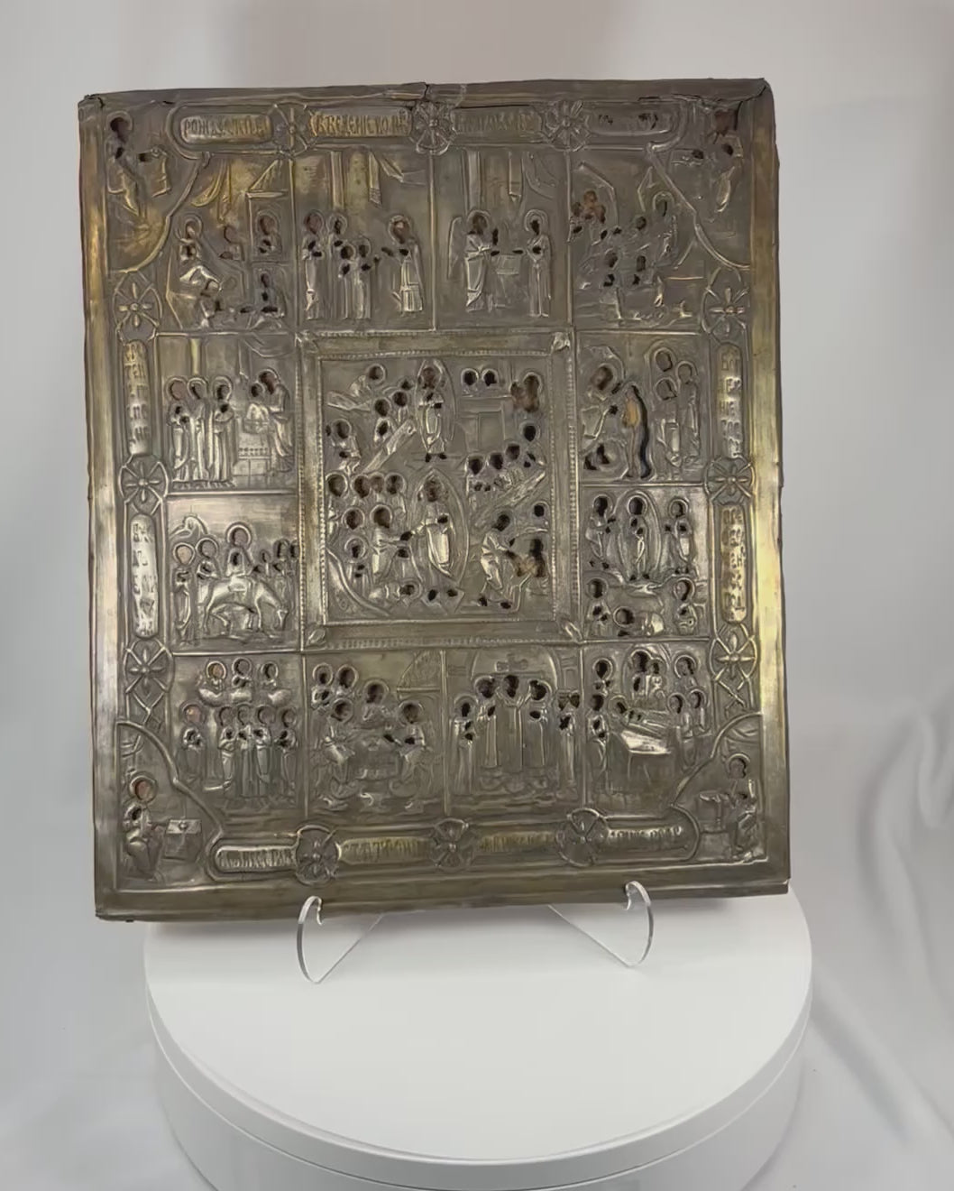 360° rotating view of a 19th century Russian Orthodox icon with embossed metal oklad and multi-scene religious composition