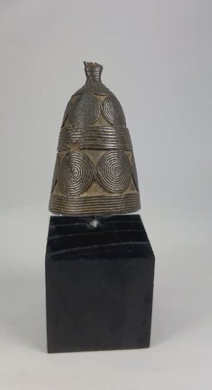 Late 19th–early 20th century Tibetan Buddhist bronze ritual bell (ghanta) with lotus petal base, vajra-finial handle, original iron clapper, dark patina from ritual use, used in Vajrayana ceremonies