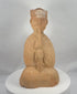 360-degree view of an ancient Chinese Han Dynasty terracotta seated musician playing a long wind instrument, with a tall headdress and surviving pigment.