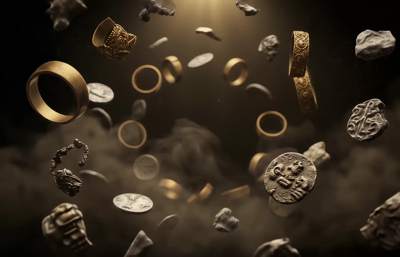 Animated gold Relic & Rarity logo with antique compass emblem surrounded by historical artifact motifs on a dark background