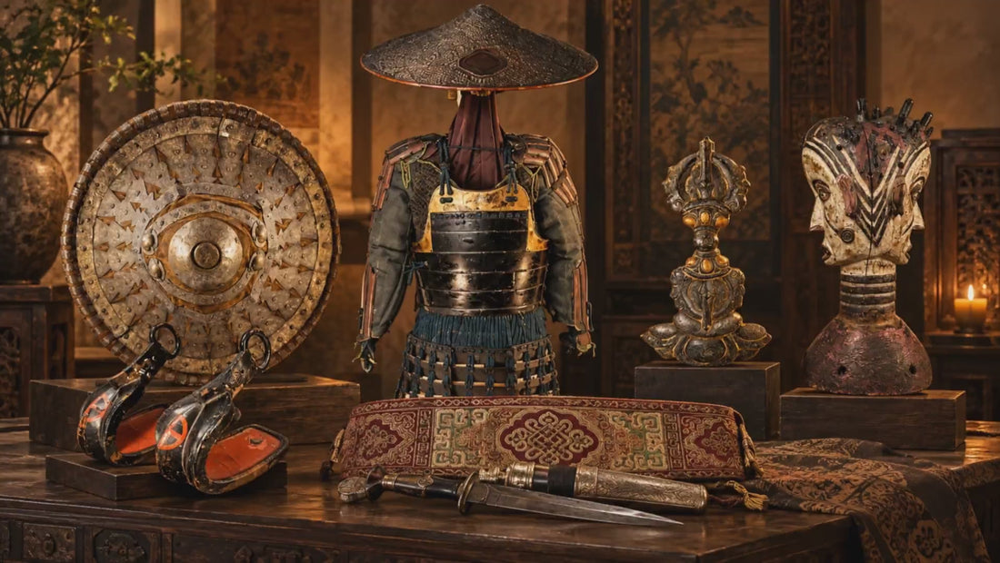 Cultural and ethnographic artifacts including samurai armor, ceremonial shields, ritual objects, masks, textiles and historic weapons from the Relic & Rarity collection.