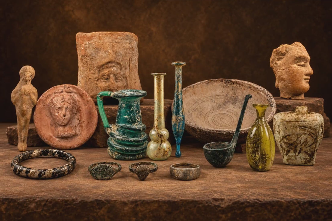 Ancient Roman and Greek artifacts featuring terracotta figures, colorful Roman glass vessels, bronze objects, rings, carved stone relics and pottery from the Relic & Rarity collection.