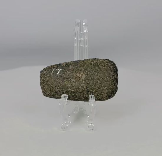 Pre-Columbian Andean ground-stone axe from Ecuador or Peru, 200–800 CE. Small utilitarian tool with fully ground faces, steep beveled cutting edge, and rounded use-worn edge. Archaeological numbering confirms provenance. Reflects daily life, practical craftsmanship, and durable stone-working technology of ancient Andean societies.