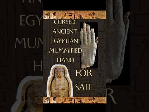 Video showcasing a 2,000-year-old authentic ancient Egyptian mummified hand artifact for sale from Relic and Rarity, featuring historical imagery and gold sarcophagus visuals.