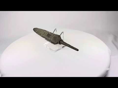 Video showcasing an 18th-century European forged iron spearhead rotating on display.