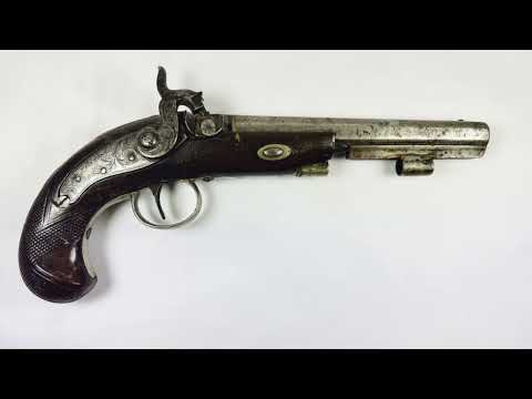 “Video showcasing antique Fenton London percussion pistol circa 1780–1830, highlighting engraved steel barrel, lockplate, and walnut stock craftsmanship from Relic & Rarity.