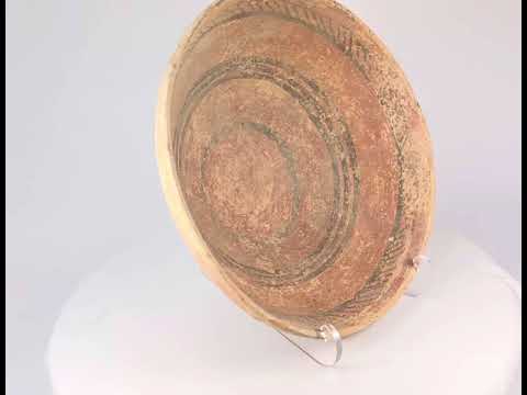 360° view of Indus Valley painted pottery dish from the 2nd millennium BCE showing terracotta form and geometric motifs.