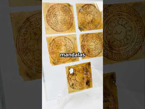 Five circular Tibetan astrological yantras hand-printed in red ink on traditional handmade paper, featuring lotus petals, Eight Auspicious Symbols, and yin-yang motifs, mounted in a modern acrylic display panel, circa 1800s–early 1900s, Tibet/Himalayan Plateau.