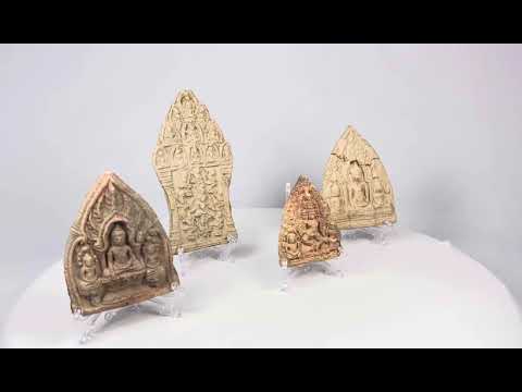 Collection of Southeast Asian terracotta Buddhist plaques, 14th–18th century CE, depicting Buddha and Bodhisattvas with floral and architectural motifs.